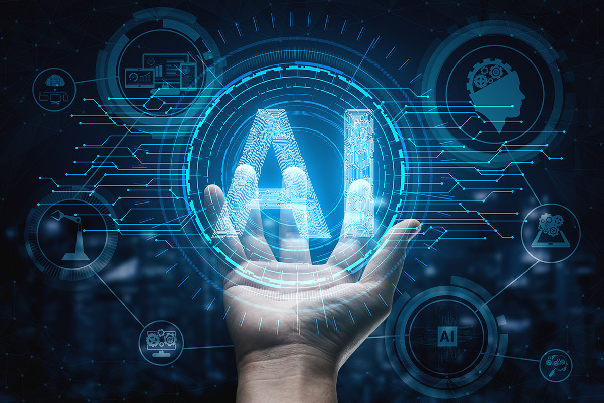 A hand is reaching out and holding a graphic with the text "AI" and circuit board designs.